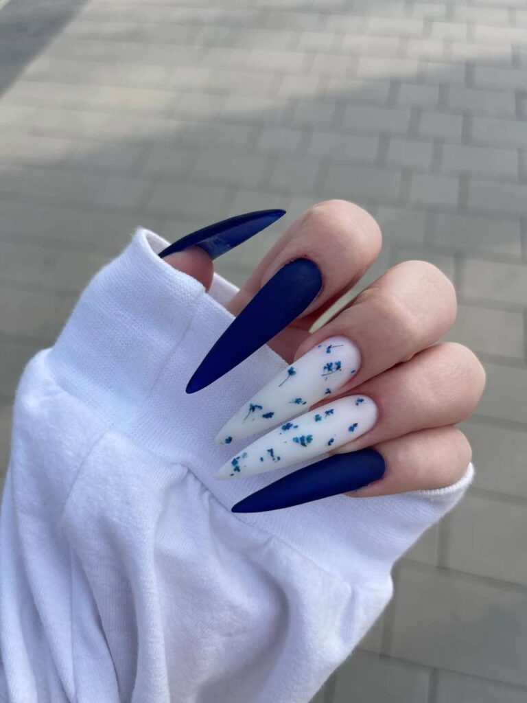 Navy Blue and White Floral Stiletto Nails: A Year-Round Essential