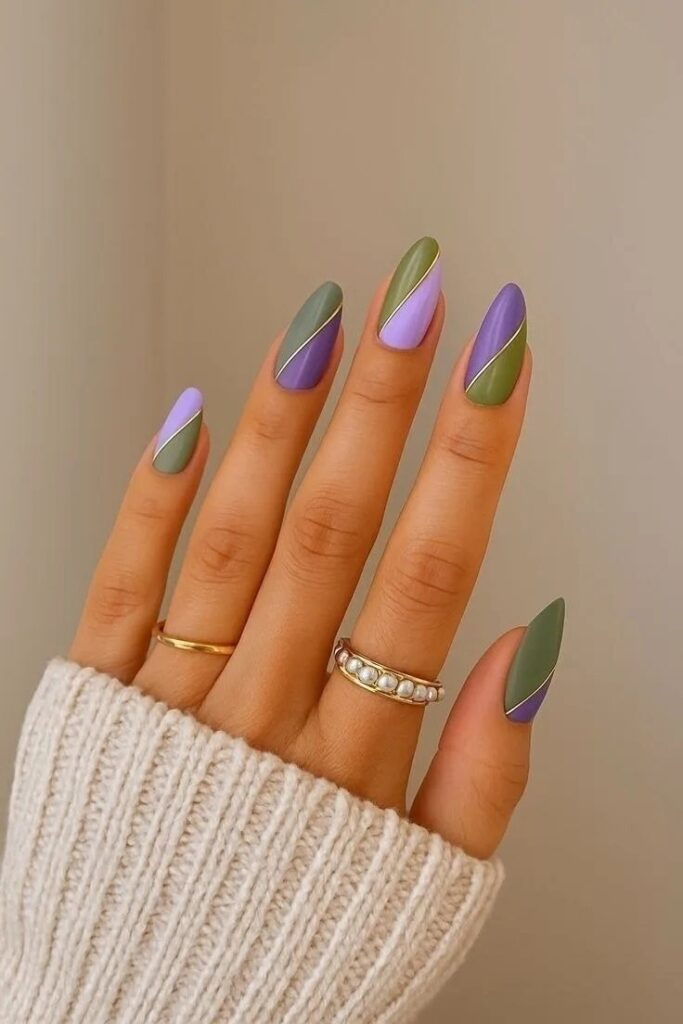 Sage Green and Lavender Nail Design with Gold Accents: Sophisticated Inspiration
