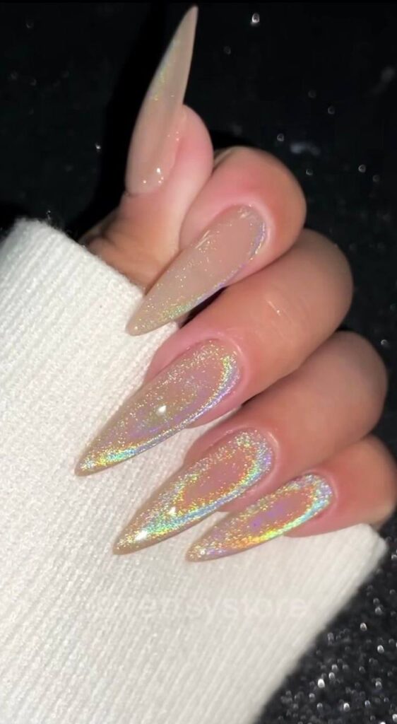 Iridescent Nude Stiletto Nails: A Sophisticated Twist on Classic Neutrals
