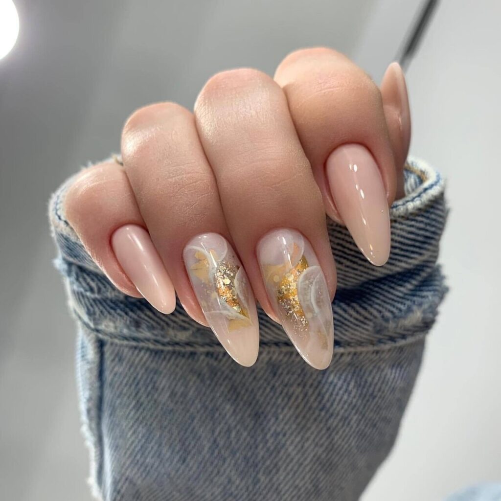 Milky Nude Almond Nails with Gold Foil: A Guide to Quiet Luxury Manicures