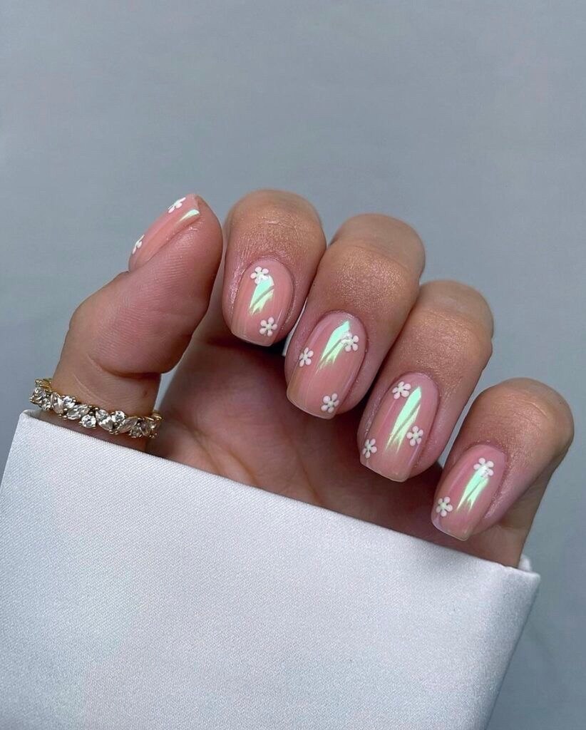 Milky Pink Nails with White Flowers & Iridescent Details: Design Guide