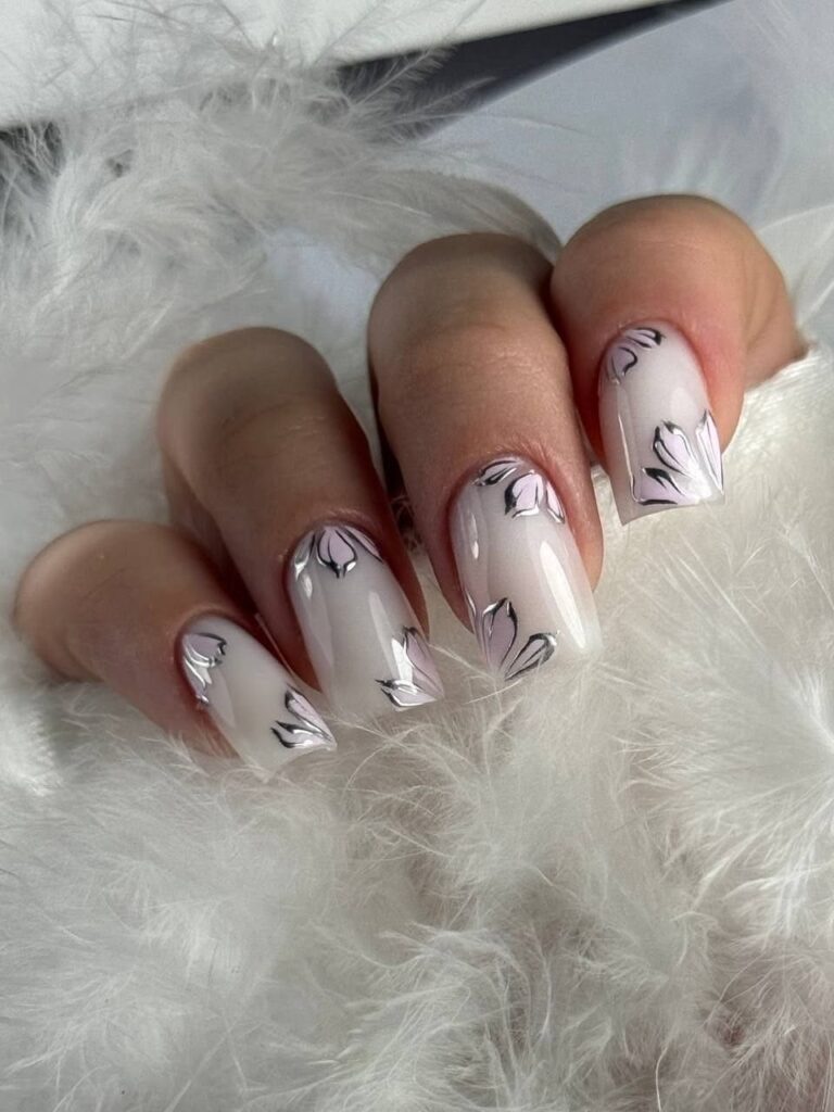 Silver Chrome Floral Nail Art on Milky White Nails: The Ultimate Sophisticated Look