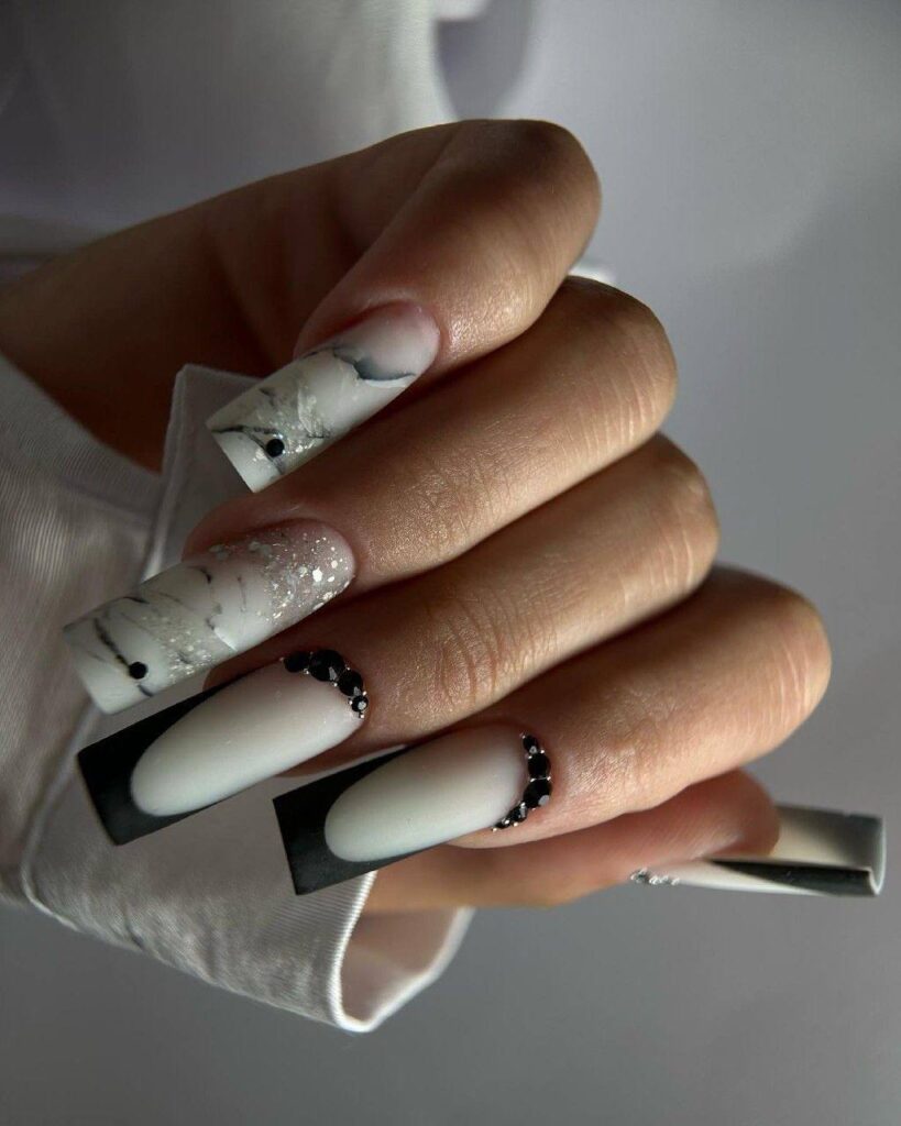 Black and White Marble Coffin Nails with Gems: Your Guide to a High-End Look