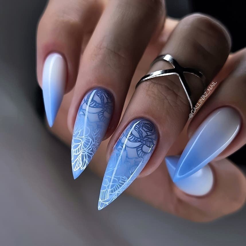 Blue Ombre Floral Stiletto Nails: A Guide to Ethereal Elegance