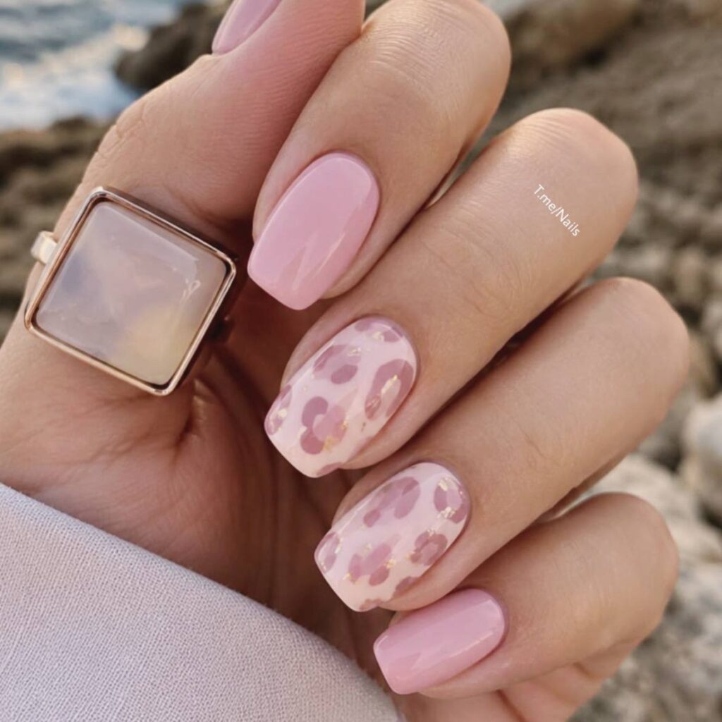 Soft Pink Leopard Print Nails with Gold Foil: The Ultimate New Neutral