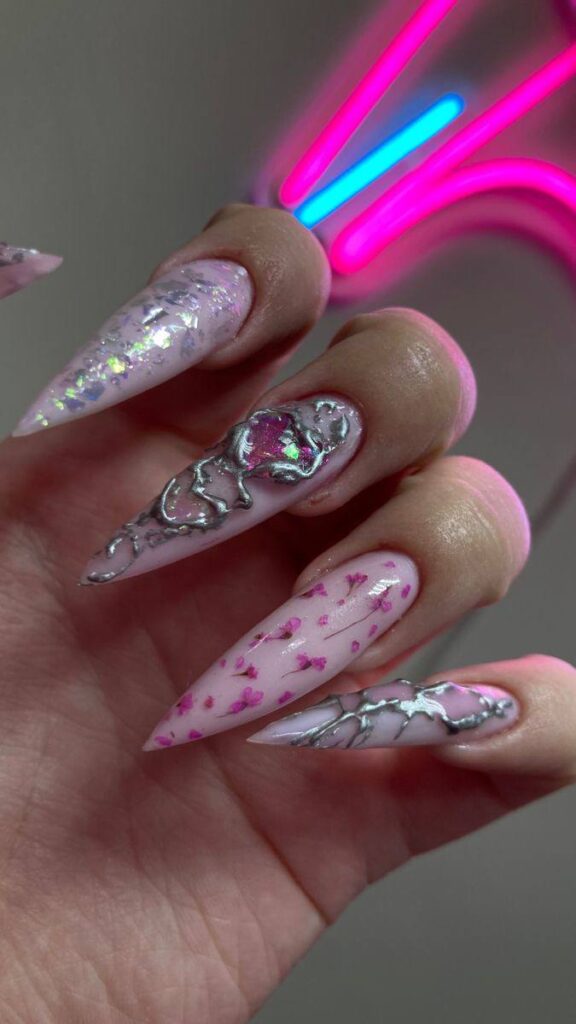 Mixed Media Nail Art: Combining 3D Chrome and Floral Aesthetics