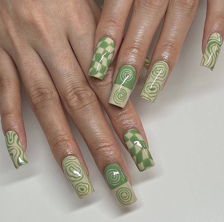 Sage Green and Cream Nail Art: The Checkerboard and Swirl Trend Guide
